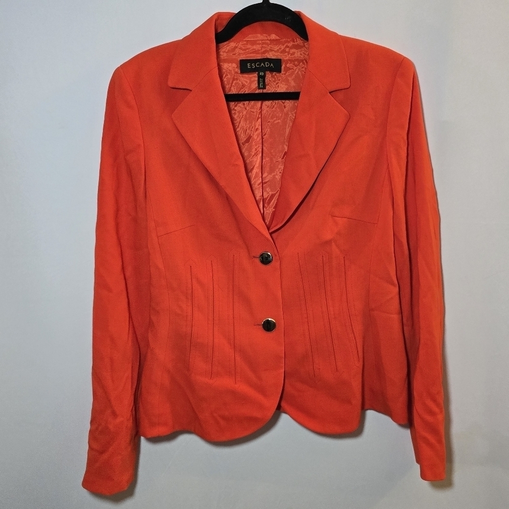 Escada Red Orange Virgin Wool Blend 2 Button Structured Blazer Career, sz 40